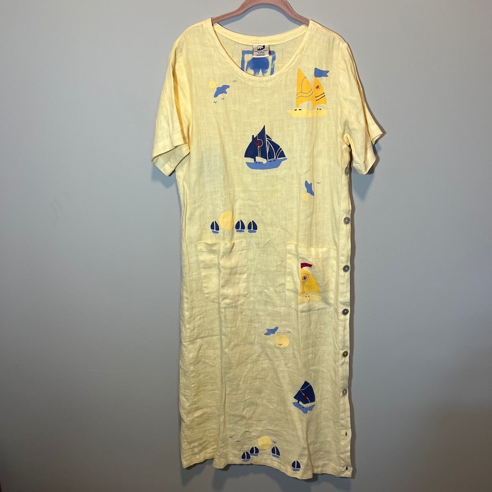 Blue-Eyed Bear Yellow Linen Sailboat Hand-Blocked Button Maxi Shift Dress Small